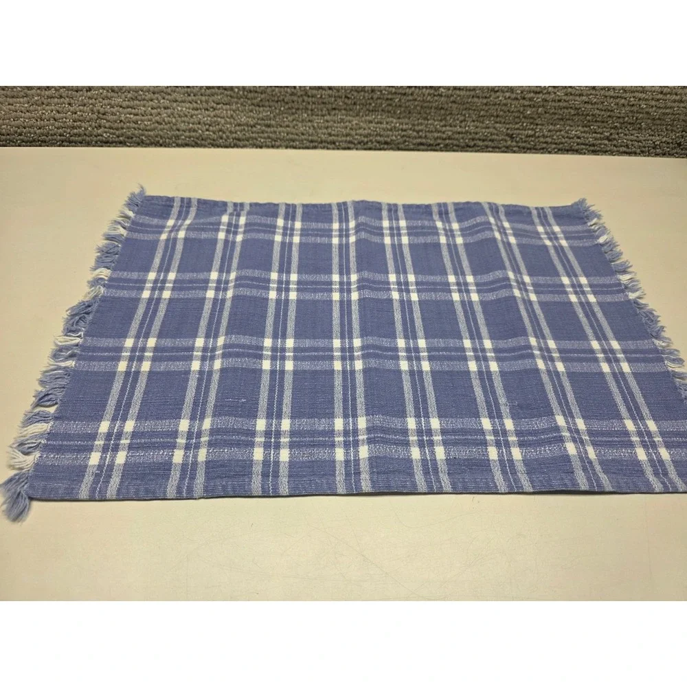Blue White Plaid Woven Placemats Set of 5 Fringed Edge Farmhouse Country 18x12.5